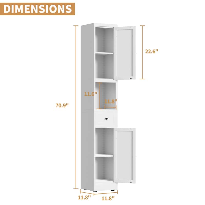71 Inch Tall Bathroom Storage Cabinet, 5-Tier Narrow Metal Cabinet with 2 Doors & Adjustable Shelves, Freestanding Cabinet