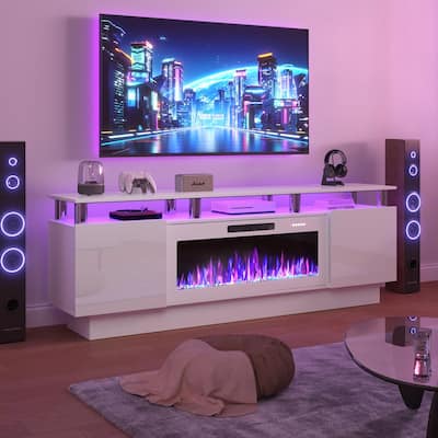 BOSSIN 70" Modern Electric Fireplace TV Stand, with Electronic Flame and LED Lights, High Gloss Finish Entertainment Center