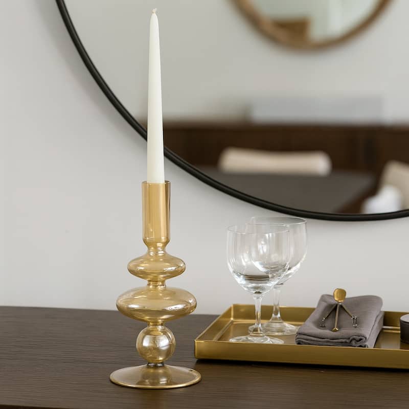 Sculptural Glass Candle Holder with Rounded Accent Base - Modern Tabletop Candle Holder for Any Room - 3" x 3" x 7" - Gold