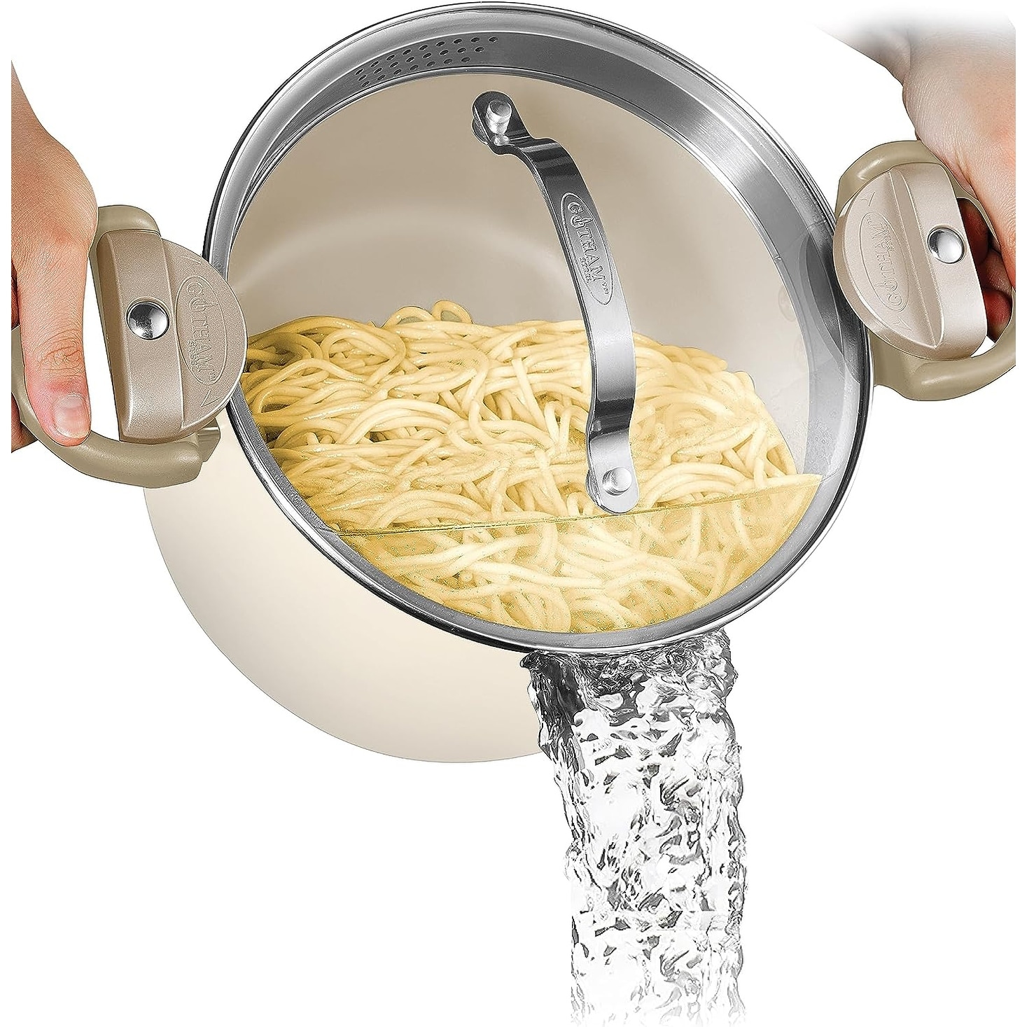 Gotham Steel 5 QT Nonstick Multi Purpose Pasta Pot with Twist and Lock Handles, Cream