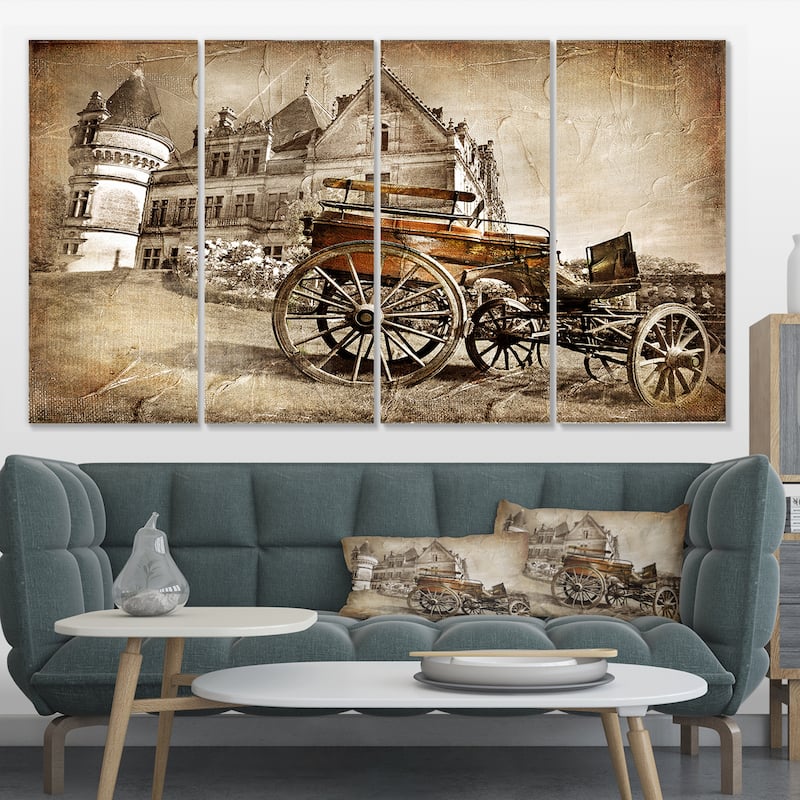 Designart "Medieval Castle with Carriage" Contemporary Canvas Art Print - 48 in. wide x 28 in. high - 4 Panels