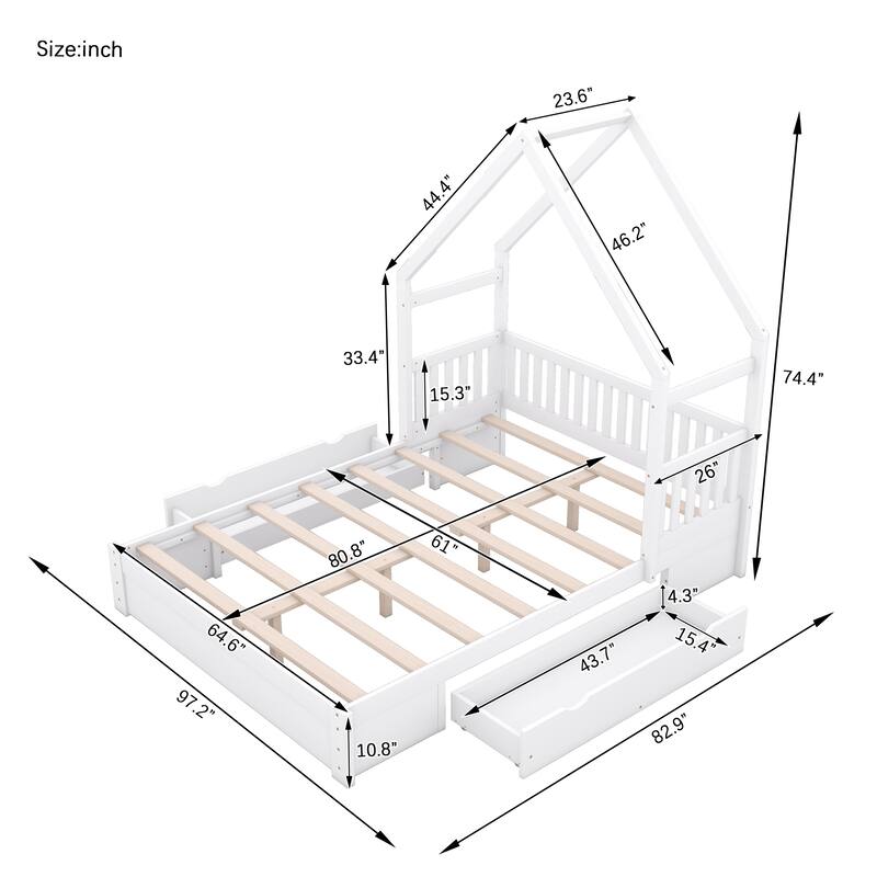 House Platform Bed with Guardrail and Drawers - White