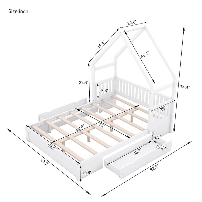 Wood Queen Size House Platform Bed with Guardrail and 2 Drawers