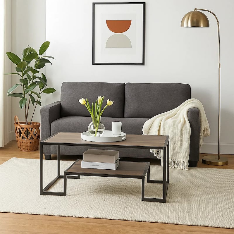 Coffee Table with 1 Open Shelf and Tubular Frame, Oak Brown