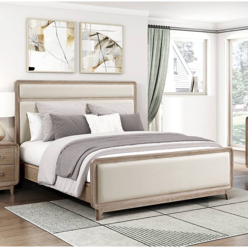 Modern Queen Bed with Upholstered Headboard and Footboard in Natural Finish - Beige+Natural