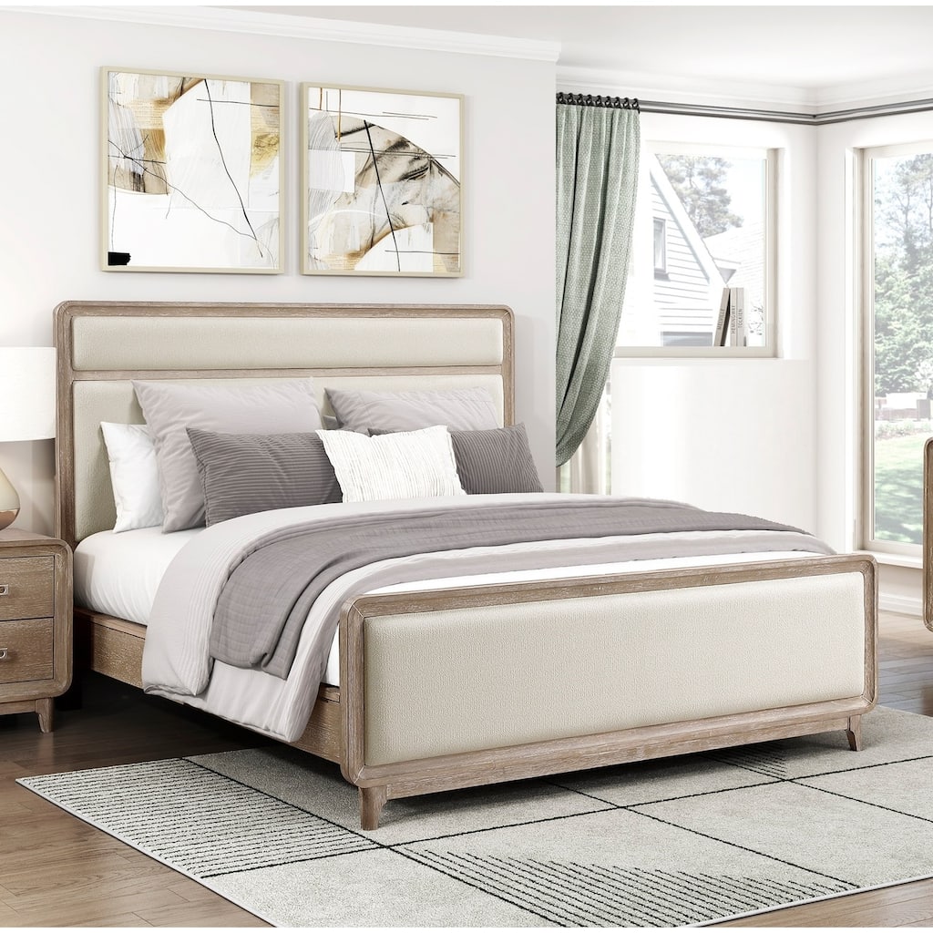 Modern Queen Bed with Upholstered Headboard and Footboard in Natural Finish
