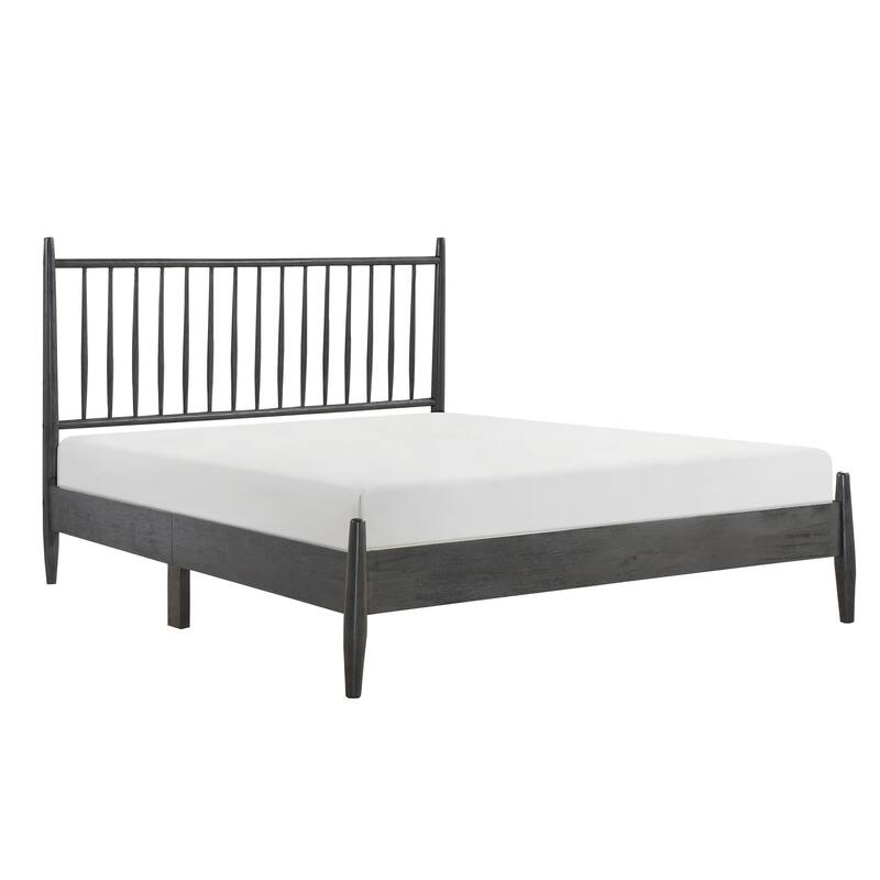 Mid-Century Modern Full Platform Bed with Vertical Slats Headboard, Gray Finish, No Box Spring Needed