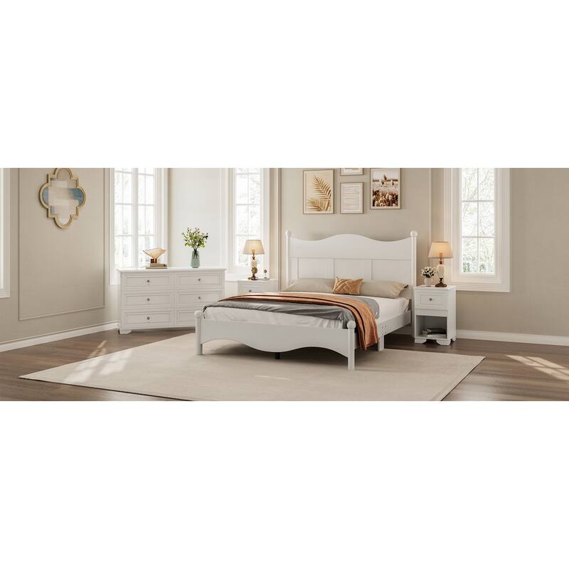 Queen Size Elegant Wood Platform Bed Frame, Retro Style, No Box Spring Needed, Sturdy Wooden Slat Support, Bedroom Furniture