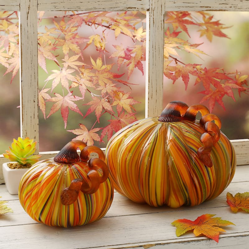 Glitzhome Fall Thanksgiving Multi Striped Handblown Glass Pumpkins Table Accent