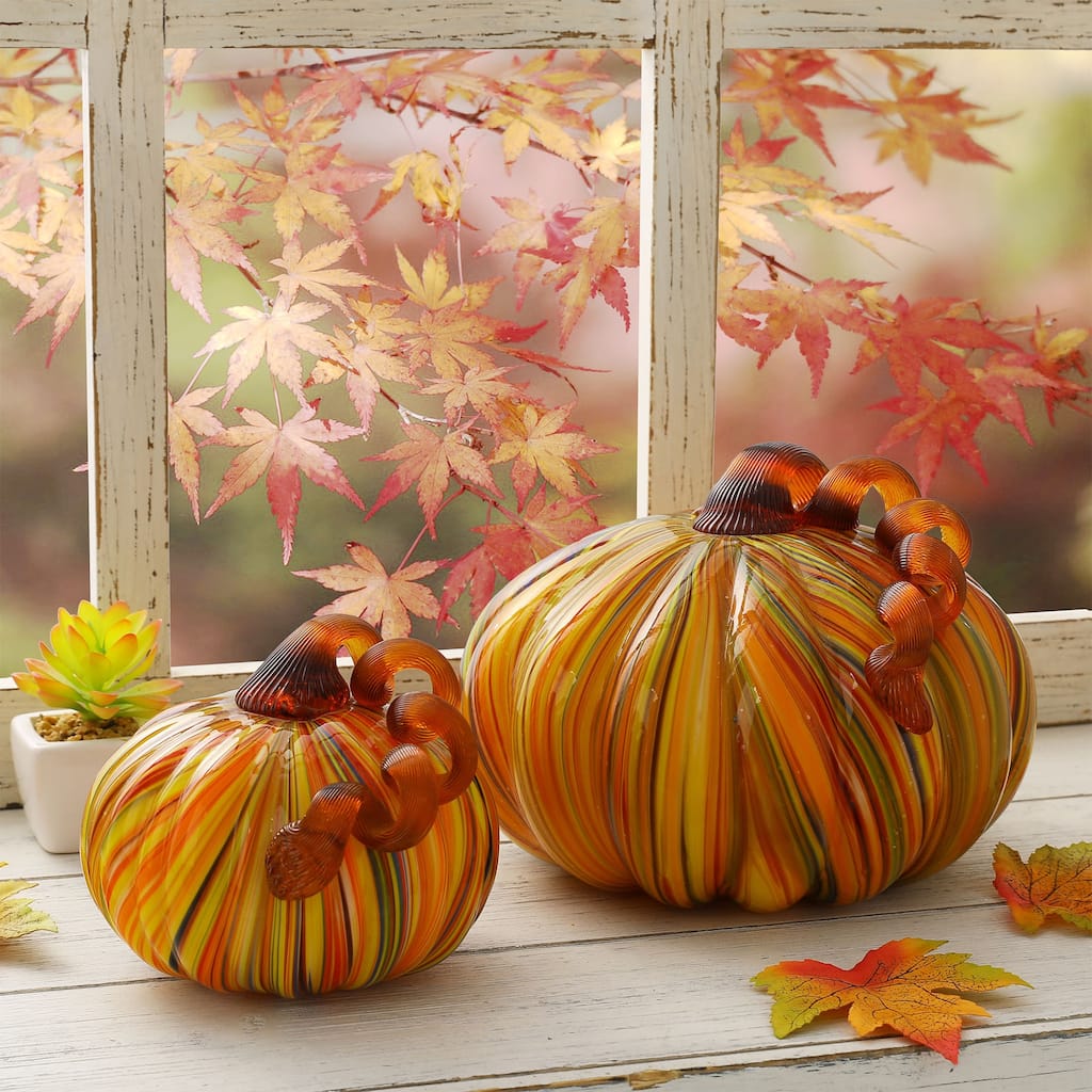Glitzhome Fall Thanksgiving Multi Striped Handblown Glass Pumpkins Table Accent