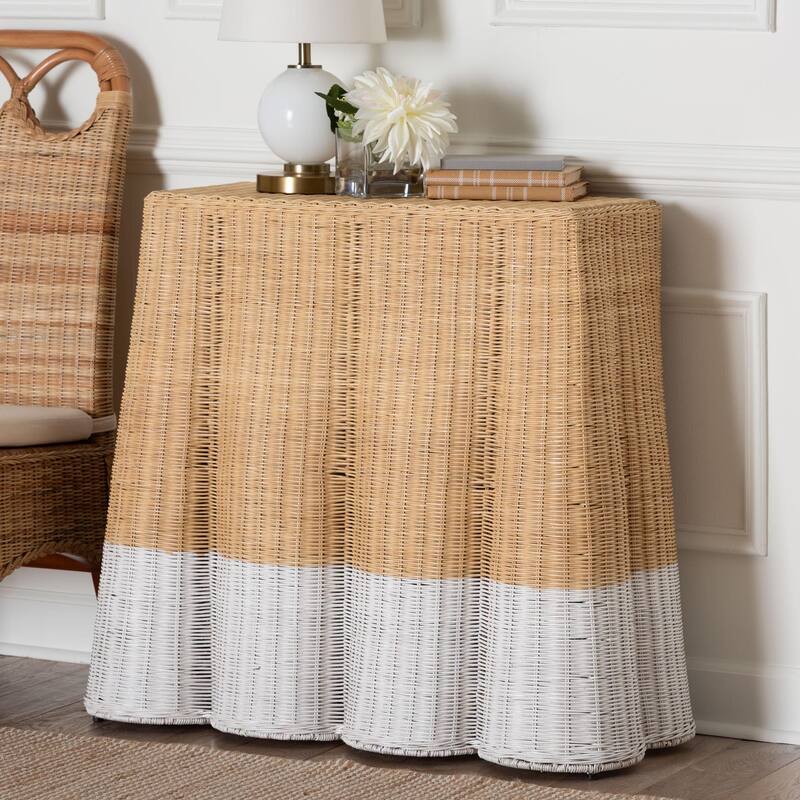Palm Scallop Natural Rattan Console Table – Handwoven Wicker Accent Table for Hallway or Entryway, Coastal Décor, Rectangle