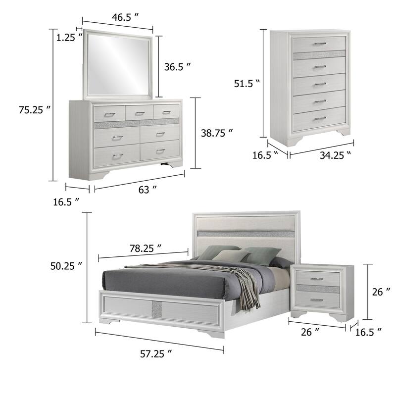 Vino White 5 Piece Full Bed Set with Dressers, Mirror, Glitter Accent