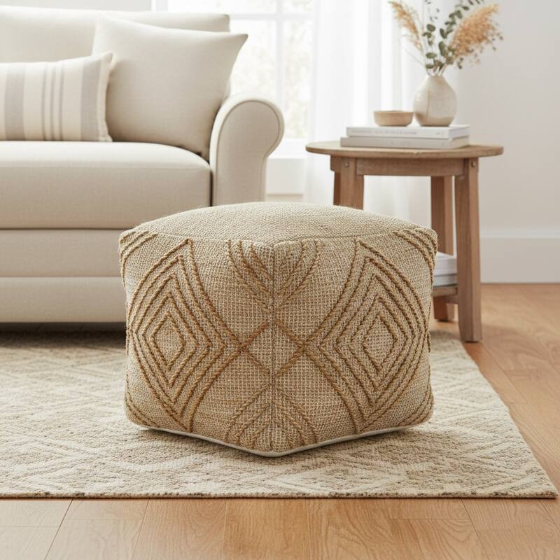 Sevita Natural Diamond Geometric Hand-Woven Pouf - 18" x 18" x 18" - Natural