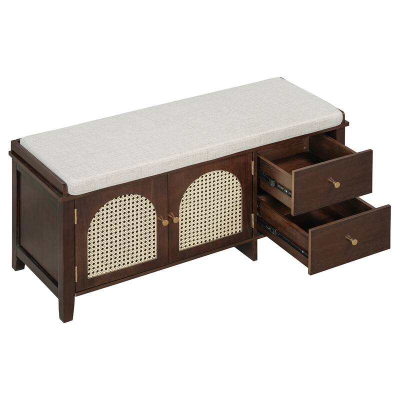 Wood Shoe Storage Bench with Cushion,2 Drawers and 2 Rattan Door