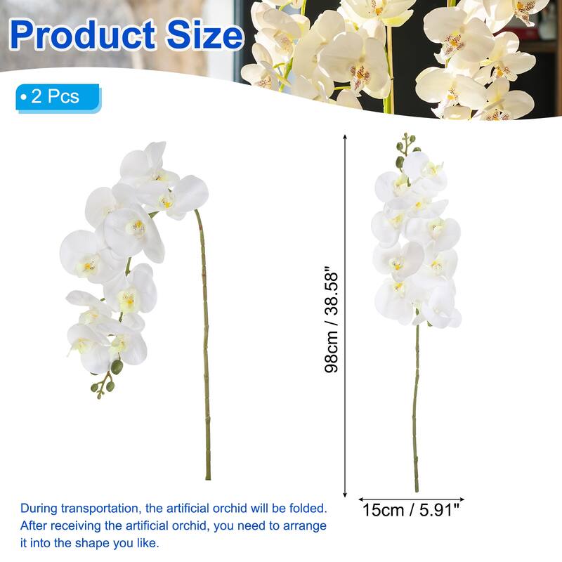2 Pcs 38 Inch Artificial Orchid Stems Phalaenopsis Flowers - White