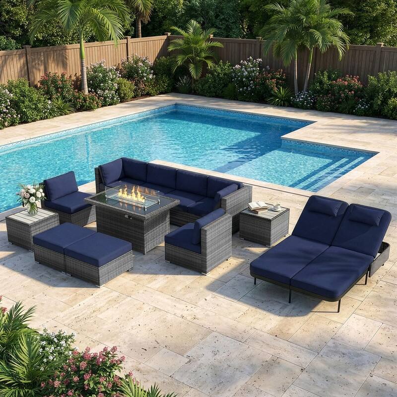 Outdoor Sectional Conversation Set PE Wicker with Double Chaise Lounge, 60,000 BTU Fire Pit Table - 12-Piece/Ottoman & Table - Navy