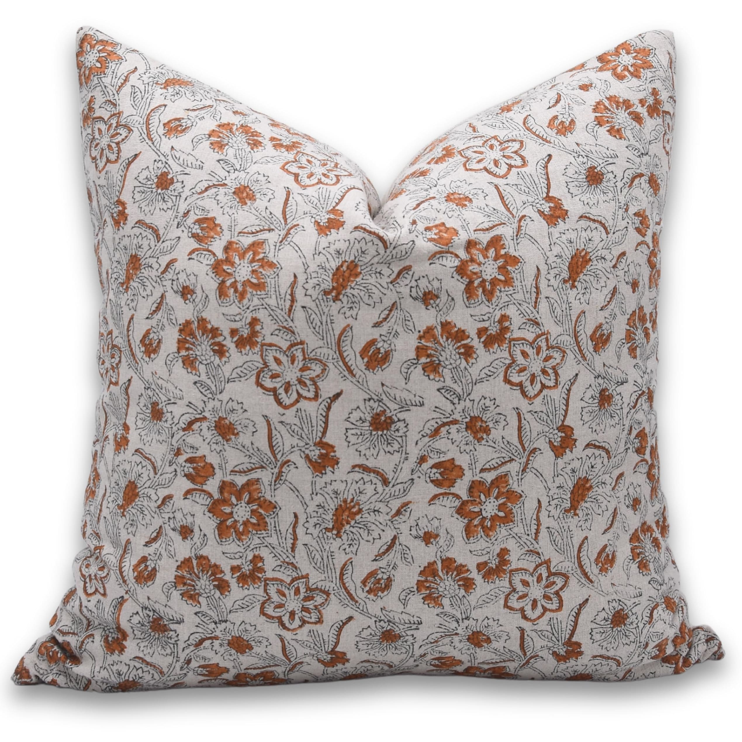 Fabdivine Artisan Linen Cushion Pillow Cover Floral Hand Block Print, Kumkum