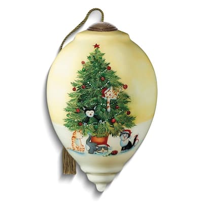 Curata Christmas Tree Cats By Emma Leach Hand-Painted Glass Ornament