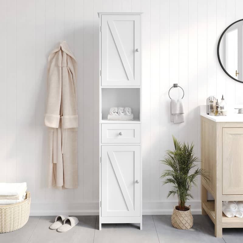 Farmhouse Freestanding Linen Tower with Shelves, Drawer, and Doors - White