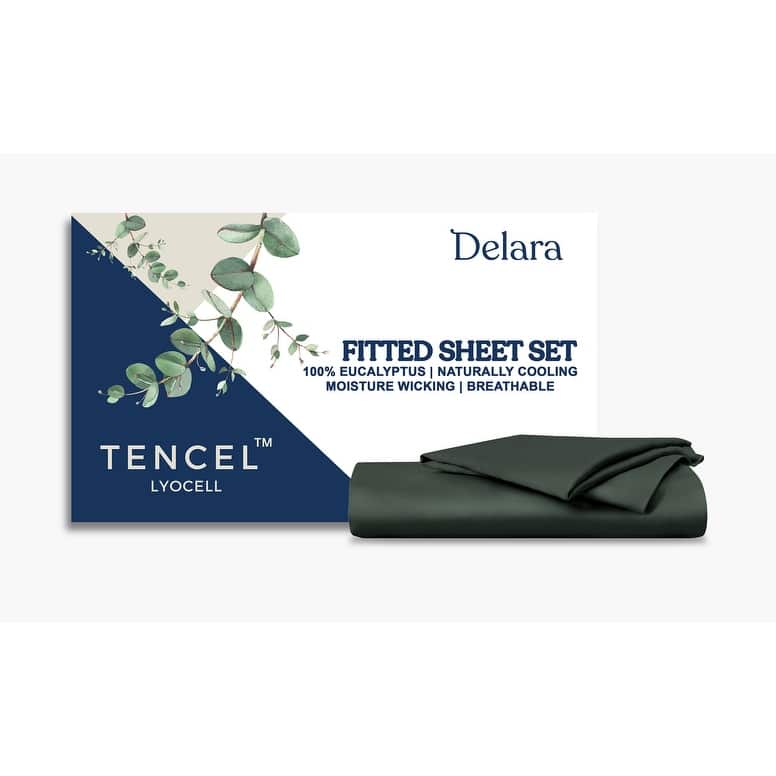 Delara 100% Eucalyptus Lyocell Tencel Fitted Sheet & Pillowcases, Naturally Cooling, Moisture-Wicking, Smooth & Breathable