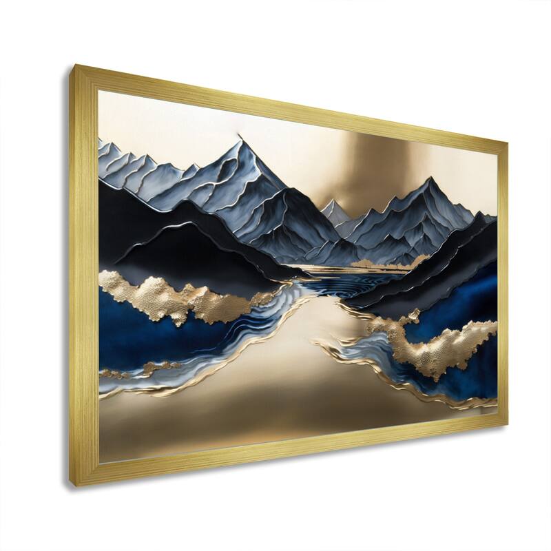 Designart "Golden Mountains And River" Landscape Mountains River Framed Wall Art Prints