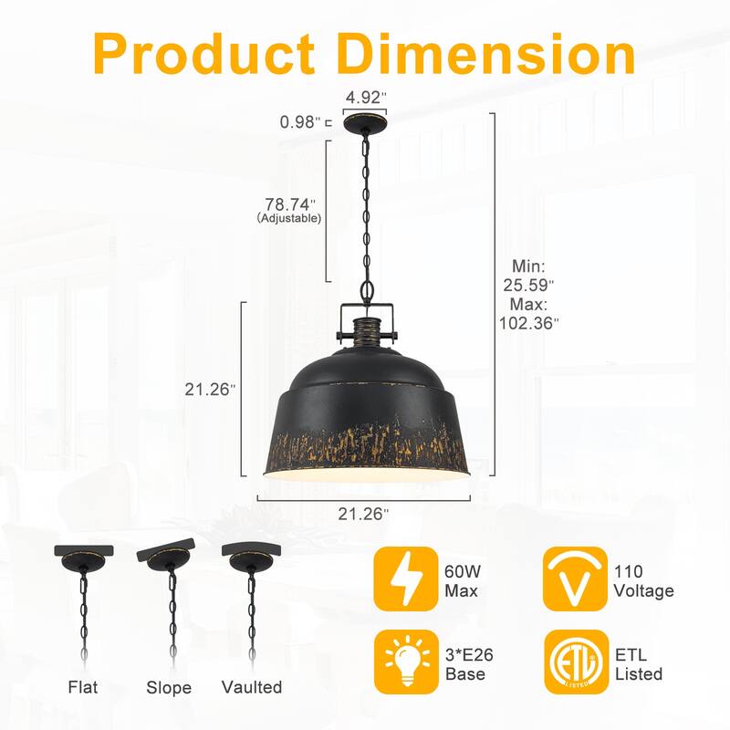 3-Light Industrial Pendant Light with Distressed Metal Dome Shade - 3-Lights