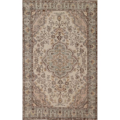 Anatolian Distressed Vintage Area Rug Hand-Knotted Wool Carpet - 5'5"x 8'7"