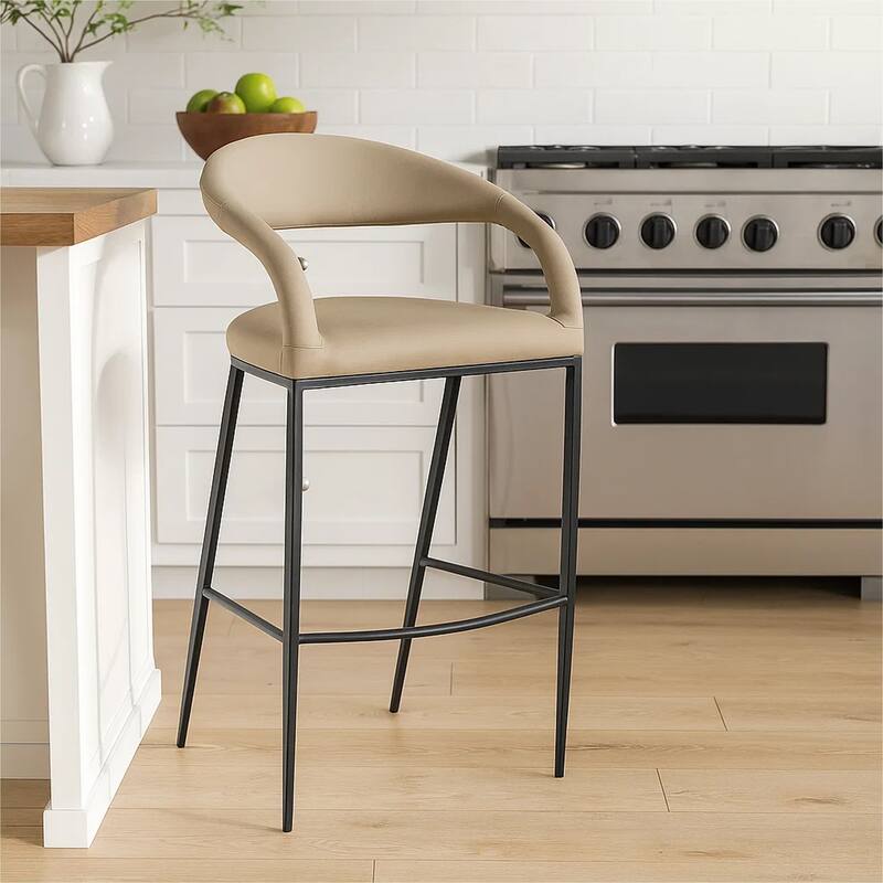 Monie Bar-Height Stool Chair, Curved Floating Back, Beige Faux Leather