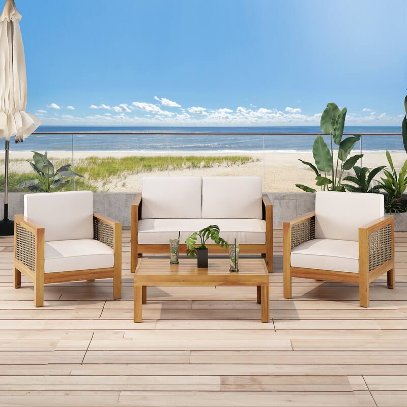 Linwood 4-piece Acacia Wood Patio Chat Set by Christopher Knight Home - Teak Finish + Mixed Brown + Beige