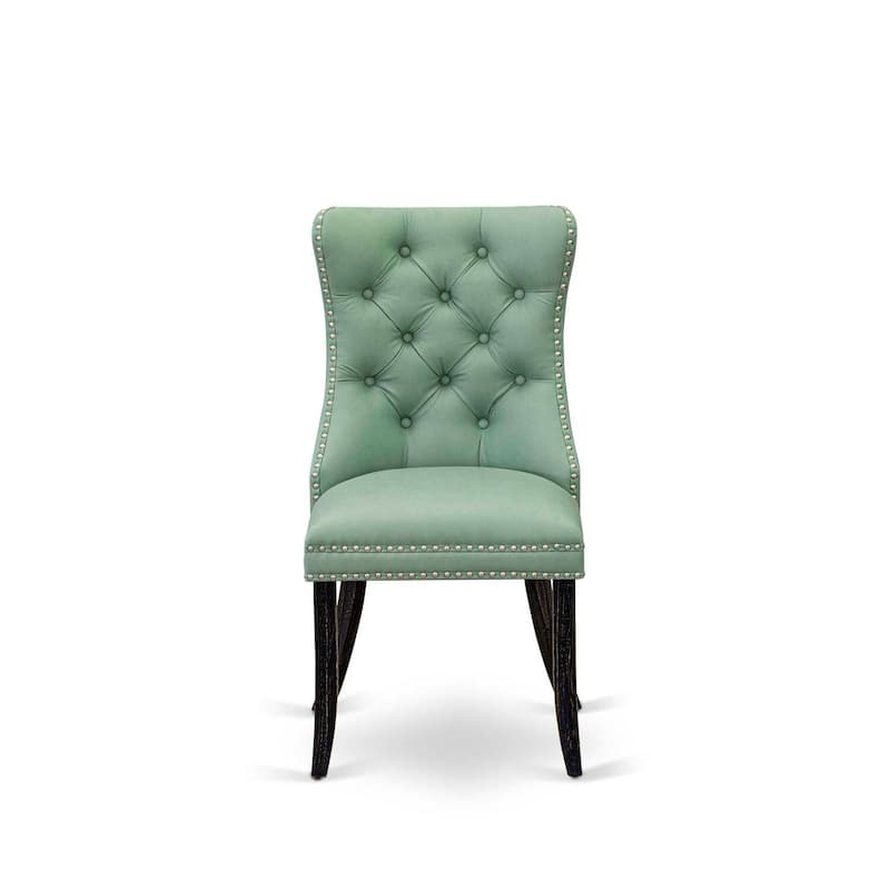 Parson Dining Chairs Set of 2 - Tufted Upholstered Accent Chairs - Willow Green Faux Leather - Black Legs