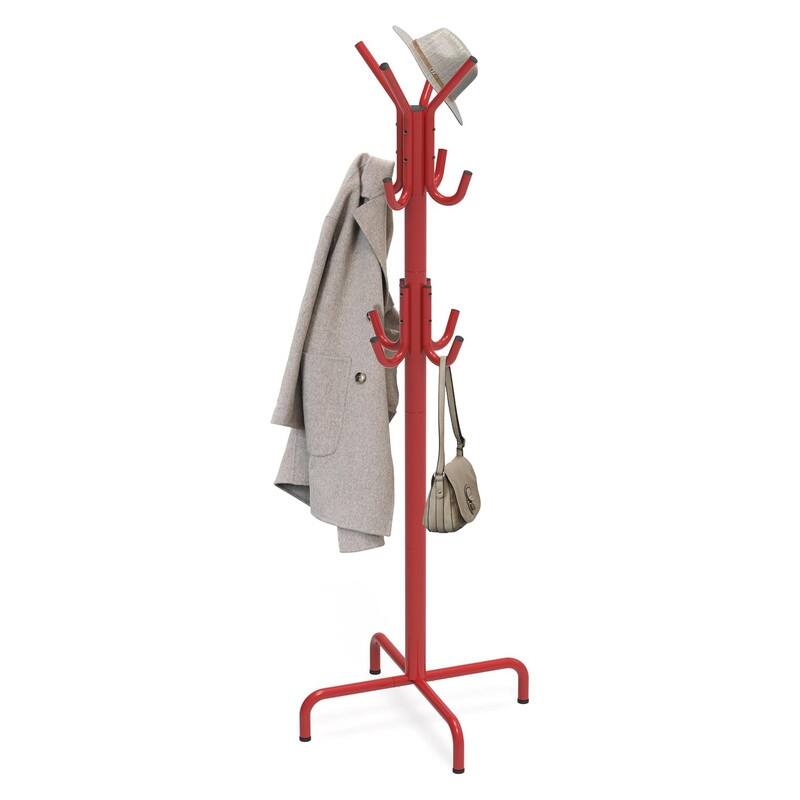 12 Hooks Standing Coat and Hat Hanger Organizer Rack - Red