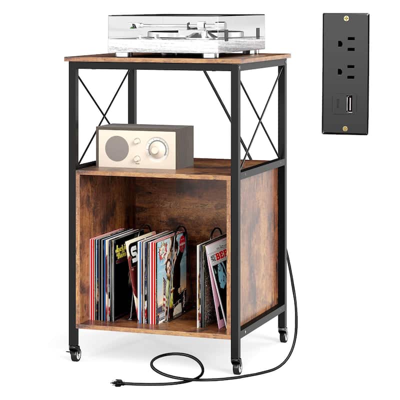 Record Player Stand w/Charging Station Storage Side Table on Wheels - Rustic Brown & Black