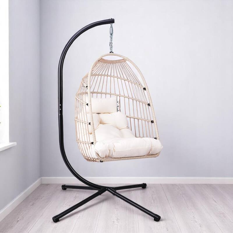 Hanging Egg Chair, Folding Hammock Swing Chair with Washable Cushion & Pillow - Portable Lounge Seating for Patio, or Garden - Light Gray,Off White