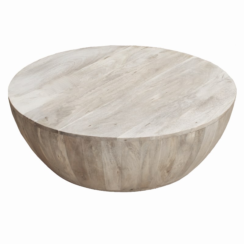 36 Inch Round Mango Wood Coffee Table, Subtle Grains, Distressed White - 35.5" x 35.5" x 12" - Distressed White
