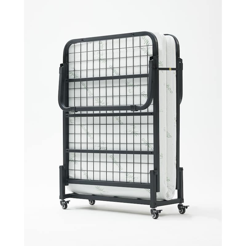 Franco Black Steel Folding Bed with Foam Mattress and Wheels