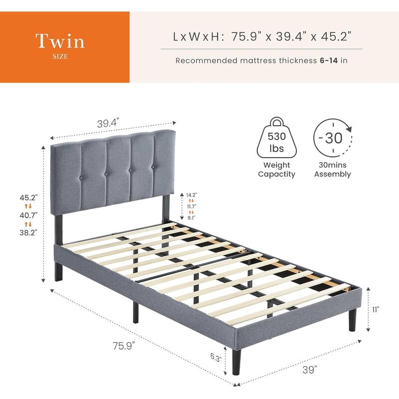 Queen Size Platform Bed Frame with Fabric Upholstered Headboard and Wooden Slats Support, No Box Spring Needed/Easy Assembly