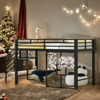 Twin Size Metal Black Low Loft Bed Frame with Storage Staircase For ...