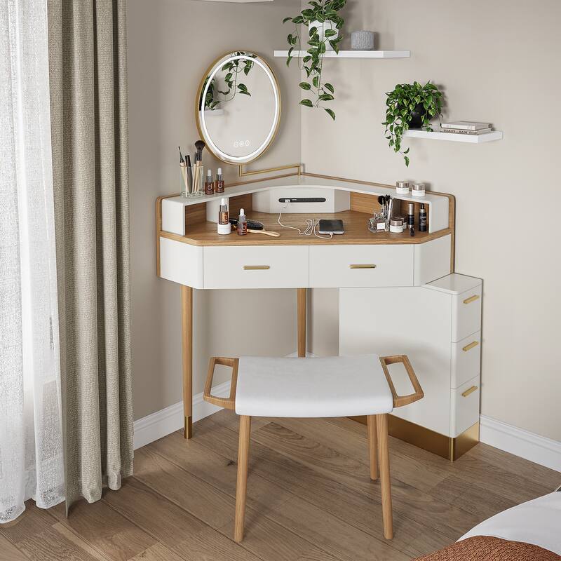 Modern Corner Makeup Vanity Table with LED Lighted Mirror, Vanity Desk with 5 Drawers, Piano Finish, Solid Wood Legs, Stool
