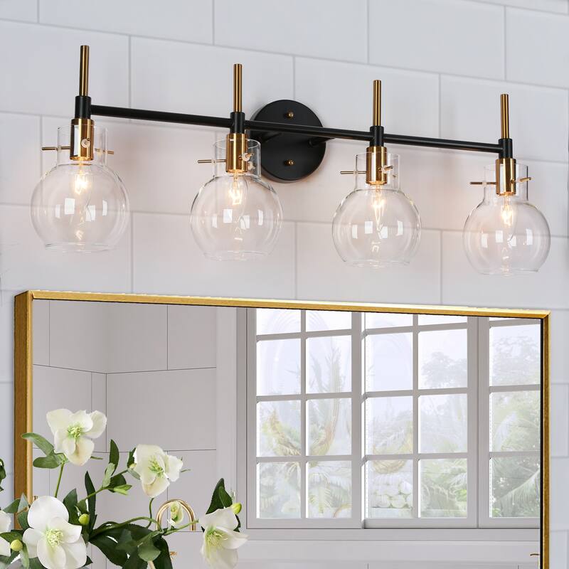 Isha 4-Light Bathroom Black Gold Vanity Lights Modern Wall Sconce with Clear Glass