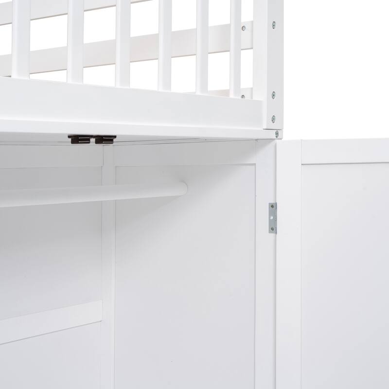 L-Shaped Bunk Bed, Twin-Twin Over Full Wood Bed with Wardrobe, Foldable Desk, Drawers and Shelves