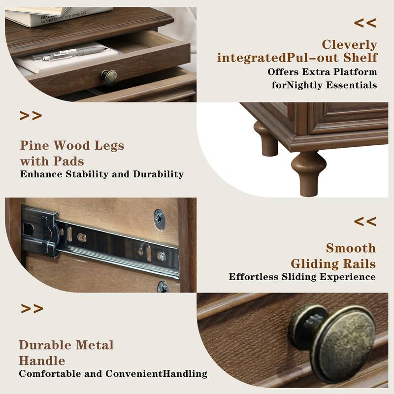 Nightstands with 4 Drawer,Wood Storage End Table with Hidden Pull-Out Shelf, with 4 Solid Wood Feet and Metal Handle