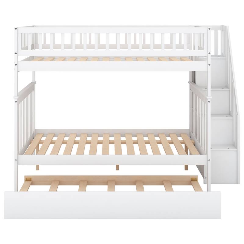 Full over Full Bunk Bed with Trundle and Staircase, White
