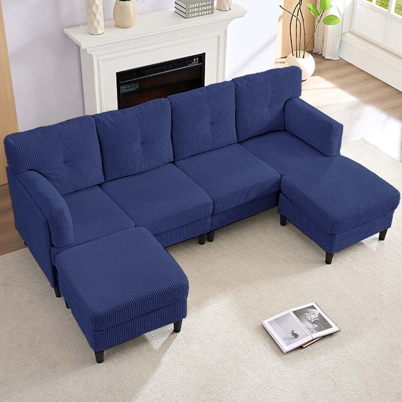 Mixoy Corduroy U-Shape Modular Convertible Sectional Sofa,Upholstered 4-Seater Sofa Couch with Movable Ottoman - U-Shape Sofa - Blue