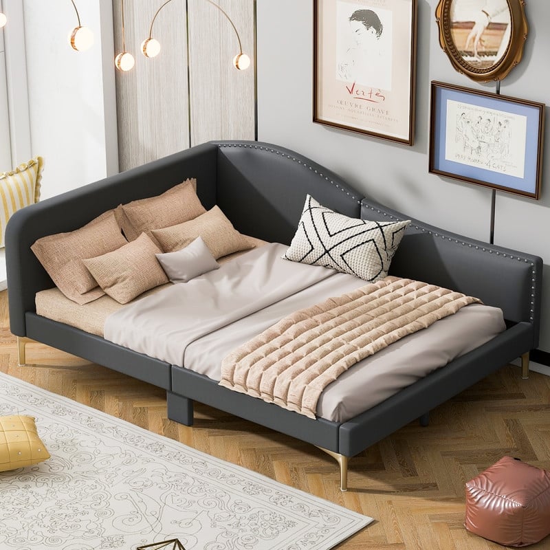 Full Daybed with Linen Upholstered,Sturdy Bed Frame and Support Legs - Grey