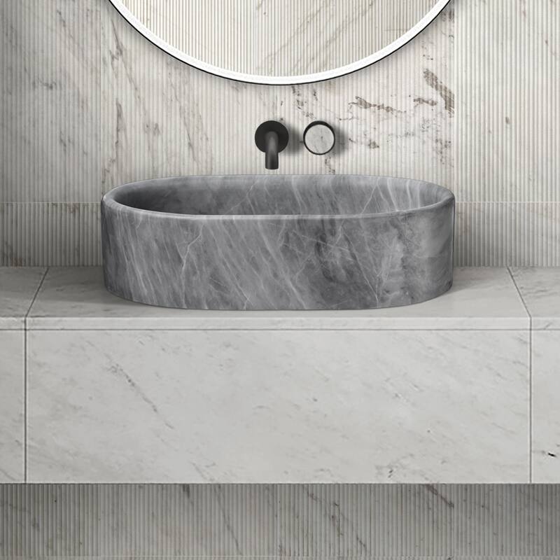 Roomfitters Marble Bathroom Vessel Sink, Natural Stone Countertop Wash Basin, Polished Oval Vanity Sink - Gray