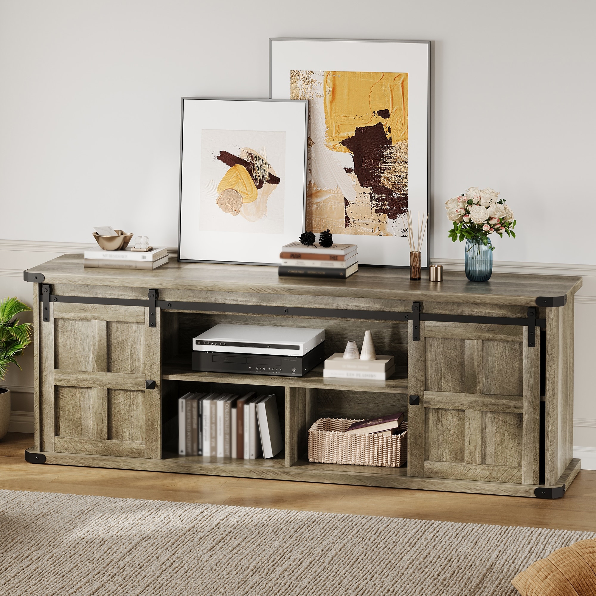 Farmhouse TV Stand for 75 Inch TV, Entertainment Center with Storage Cabinets and Sliding Barn Doors