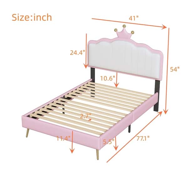 Twin size Upholstered Princess Bed With Crown Headboard,with Headboard and Footboard with Light Strips,White+Pink