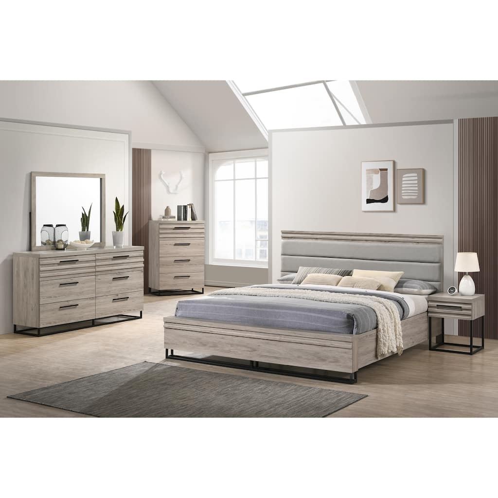 Roundhill Furniture Alvear Upholstered Wood Panel Bed, Dresser, Mirror, Nightstand, and Chest, Weathered Gray