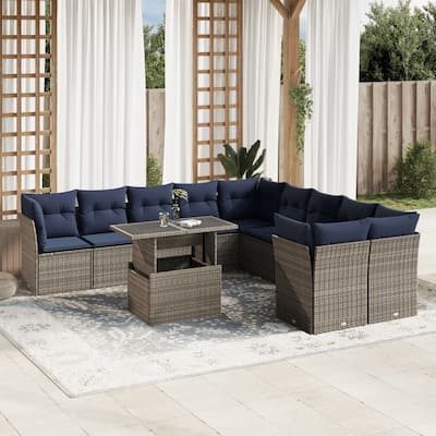 vidaXL Patio Sofa Set with Cushions and Table Outdoor 11 Piece Poly Rattan - 24.4 x 24.4 x 27.2