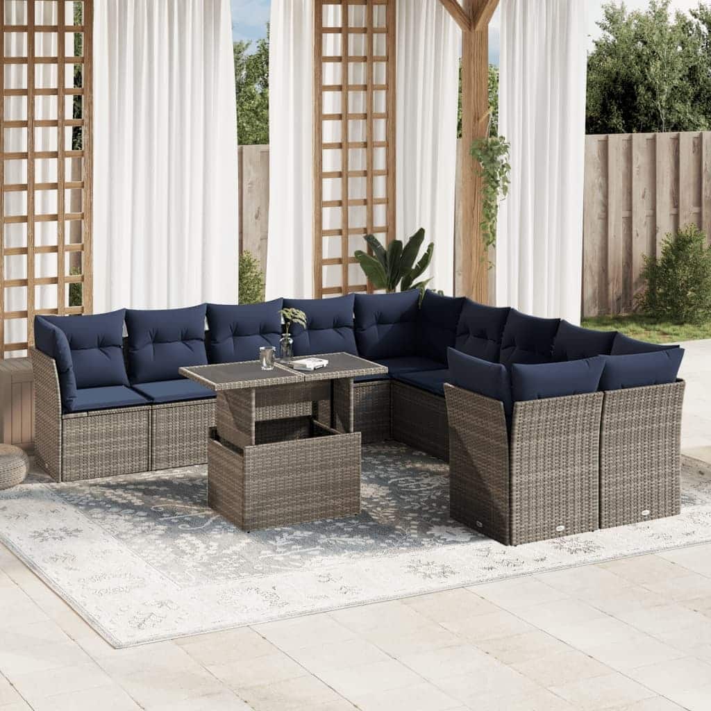 vidaXL Patio Sofa Set with Cushions and Table Outdoor 11 Piece Poly Rattan - 24.4 x 24.4 x 27.2